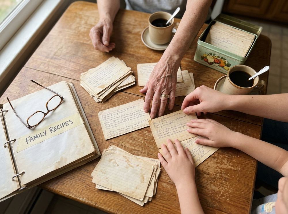 Hands passing around handwritten family recipe cards