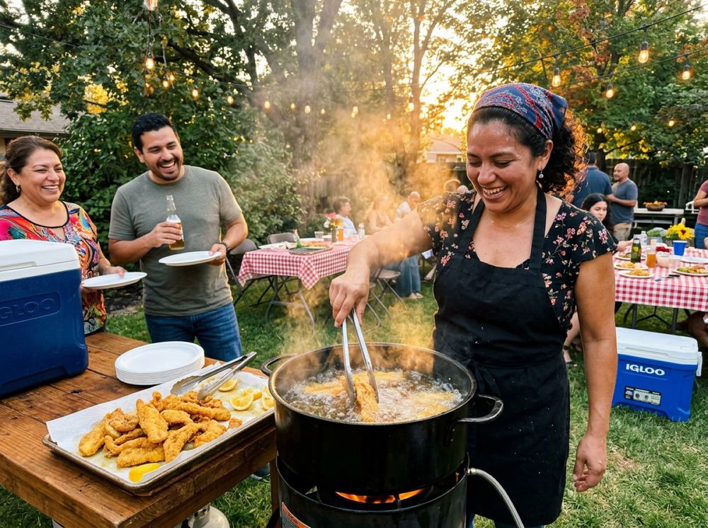 Family at a backyard fish fry, laughing over the cooker