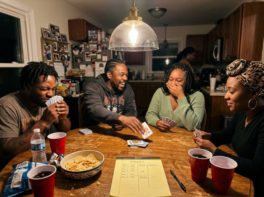 Siblings laughing over a game of spades