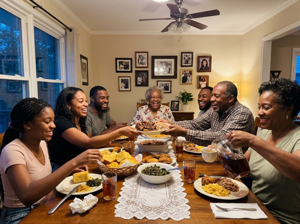 Three generations around a Sunday dinner table